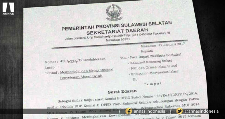 PEMPROV SULSEL KELUARKAN SURAT EDARAN BAHAYA PENYEBARAN AJARAN SYIAH
